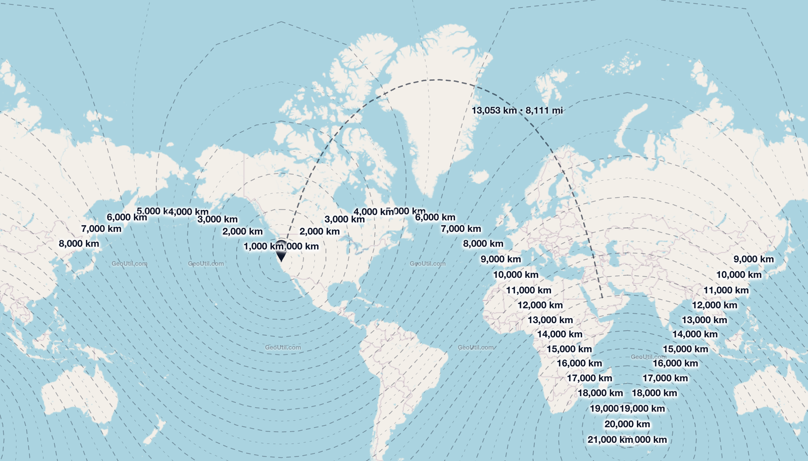 Distance tool interface showing great-circle distance measurement