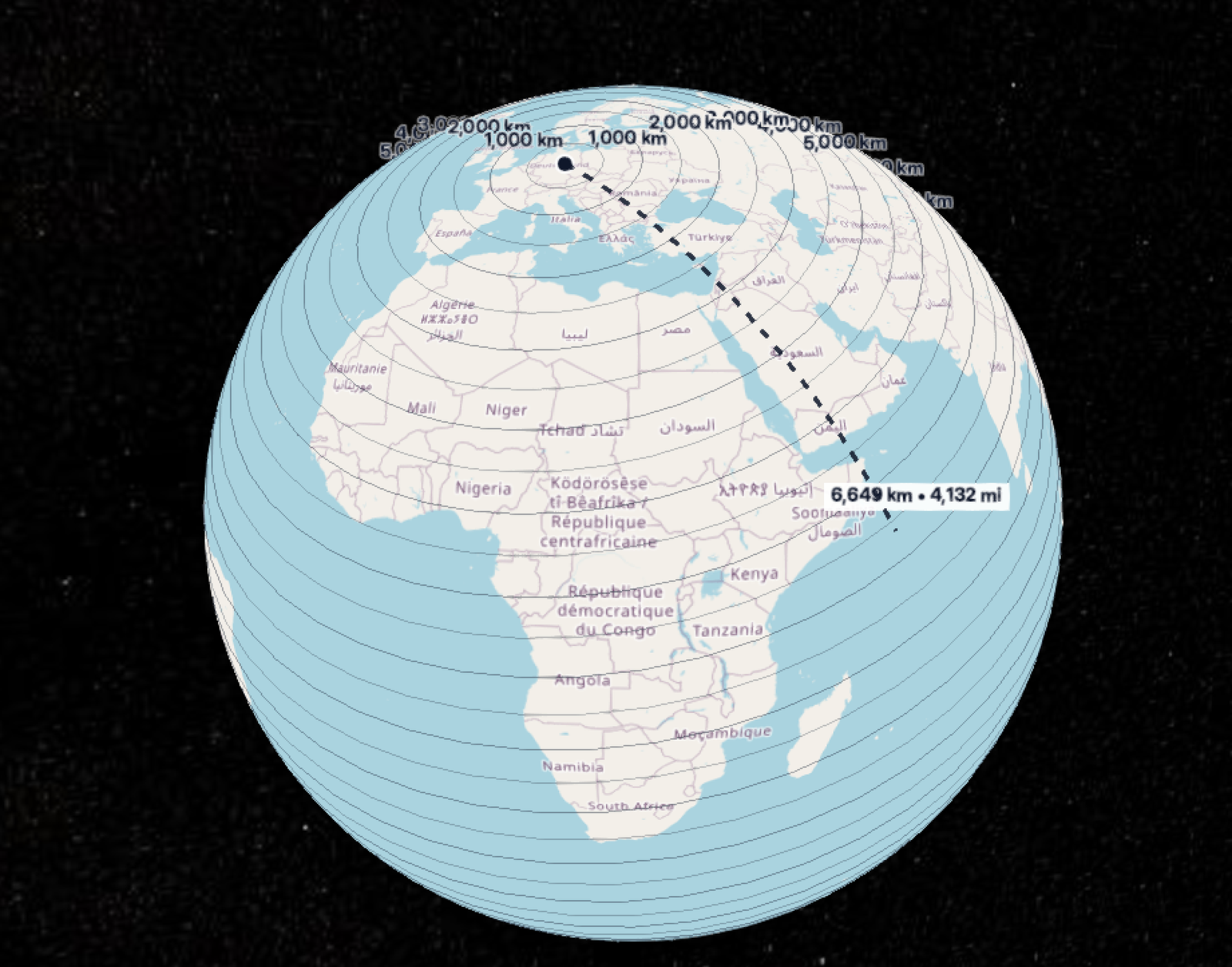 3D globe interface showing distance visualization